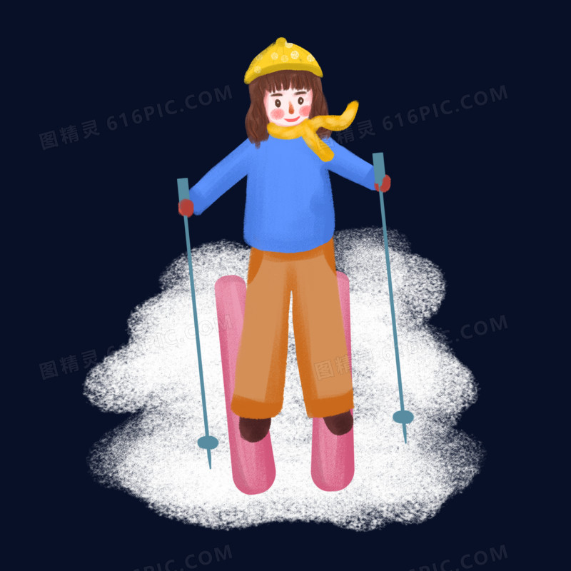 手绘滑雪的小女孩场景插画元素