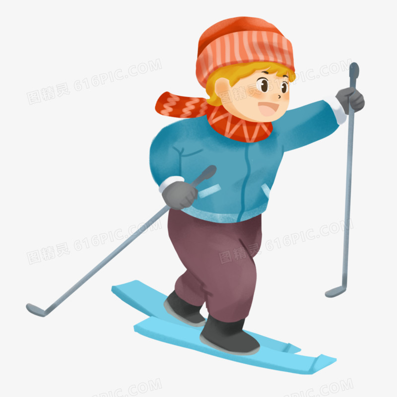 手绘卡通男孩冬日滑雪场景元素