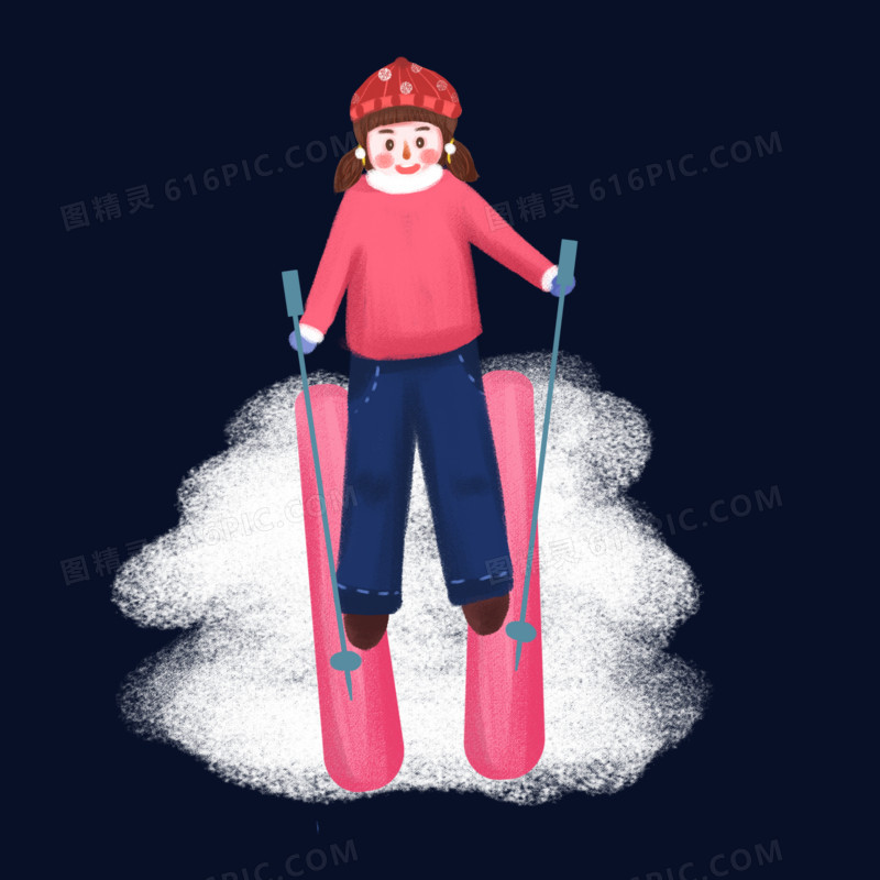 手绘小女孩滑雪场景插画元素