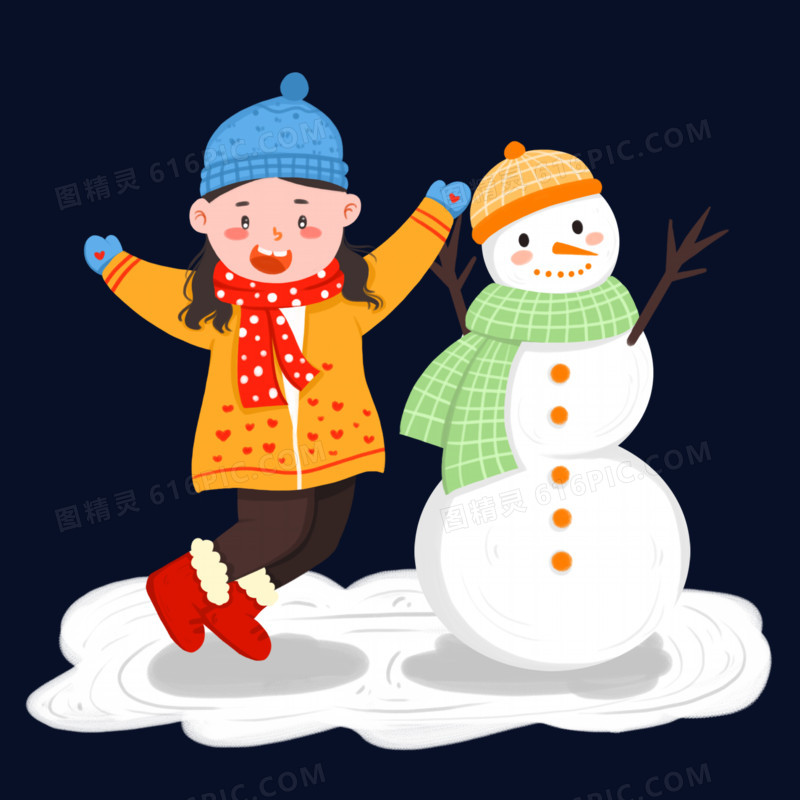 小女孩在雪地里开心堆雪人元素