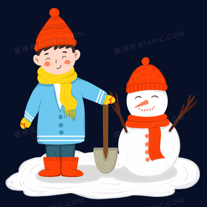 小男孩在雪地里开心堆雪人场景元素