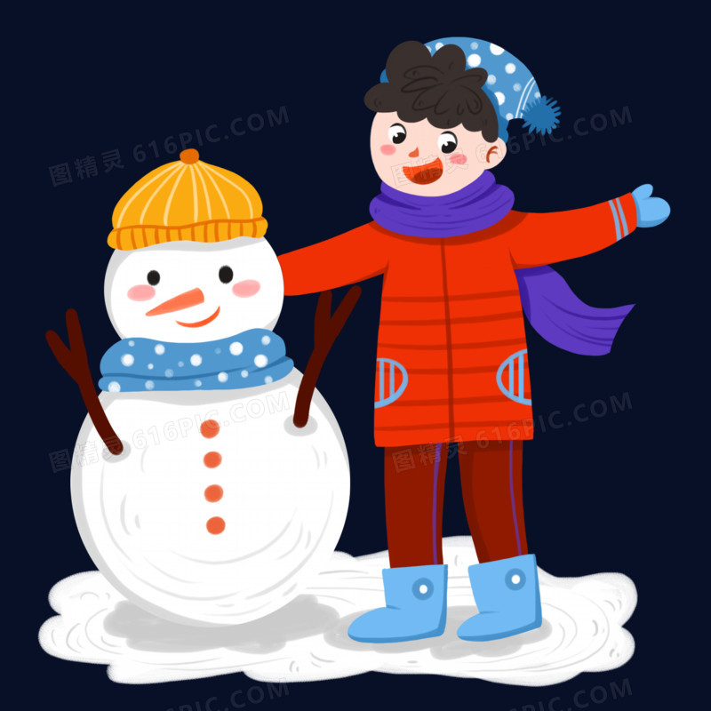 男孩在雪地里开心堆雪人场景元素