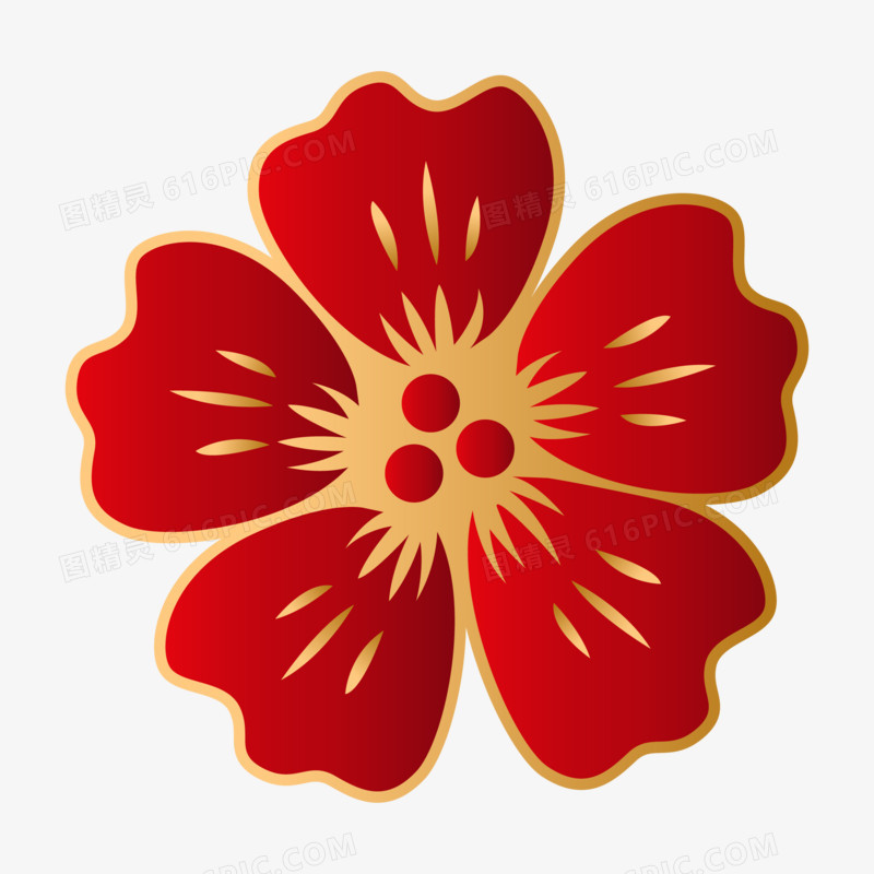 中国风国潮红金花朵装饰免抠矢量元素
