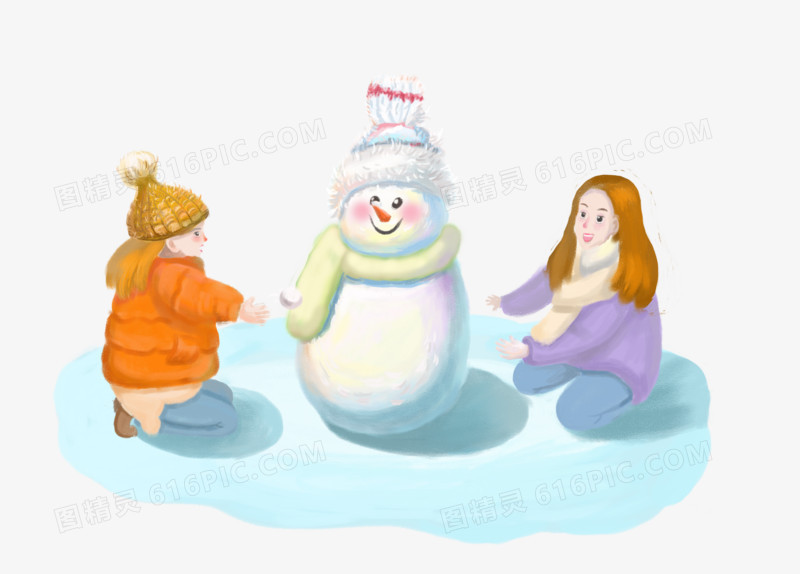 手绘插画风小女孩冬季堆雪人免抠素材