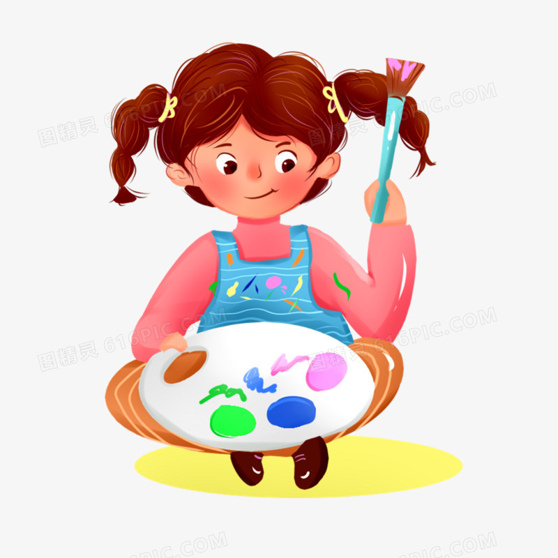 卡通手绘小女孩调颜料人物素材元素