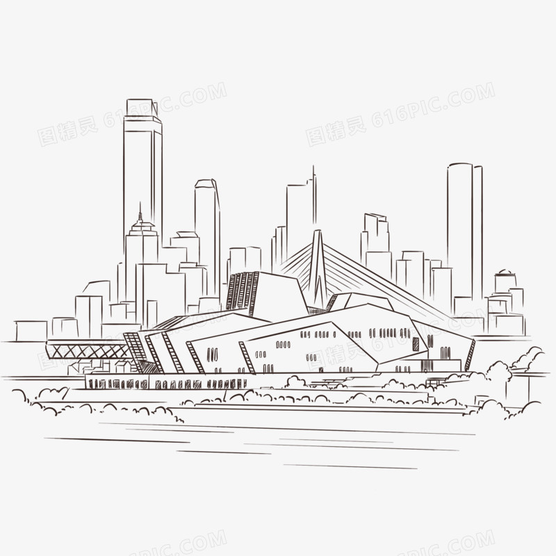 元素免抠旅游景点建筑物建筑群手绘线稿网红网红打卡重庆