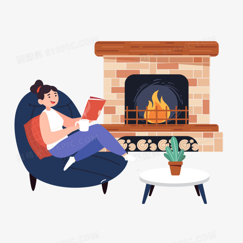 女孩壁炉边看书烤火取暖场景元素