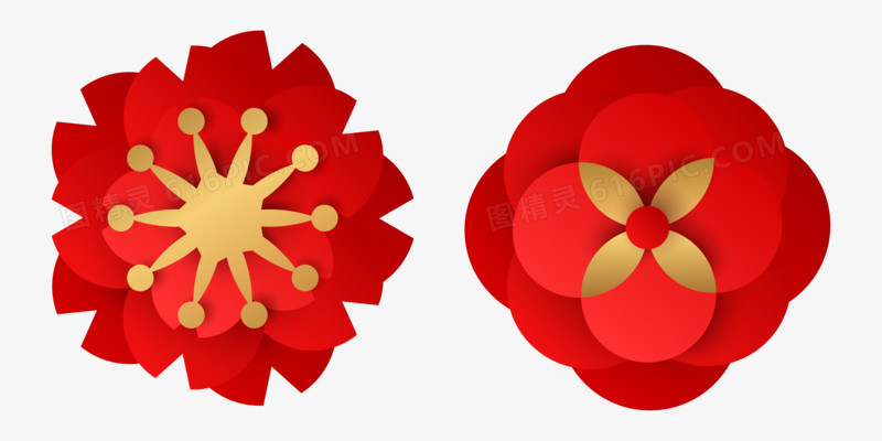 一对国潮红色花朵免抠装饰矢量元素