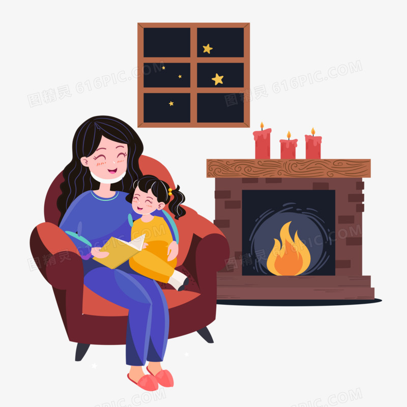 母亲抱着女儿在壁炉边上讲故事取暖场景元素