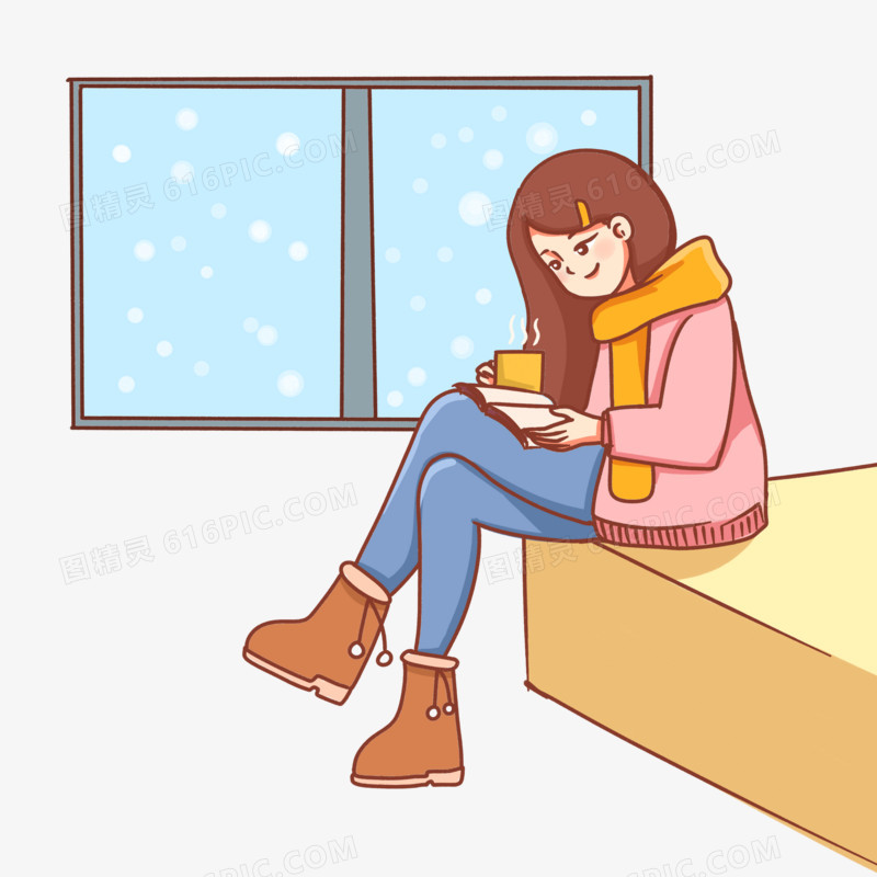 手绘冬季寒假女孩居家读书学习场景素材