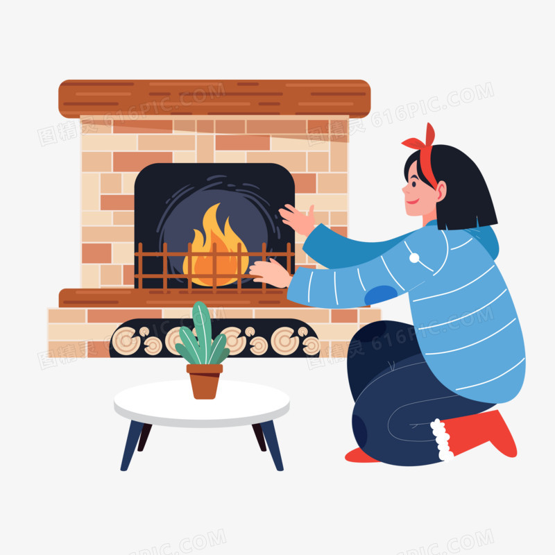 冬季女孩壁炉取暖烤火免抠元素