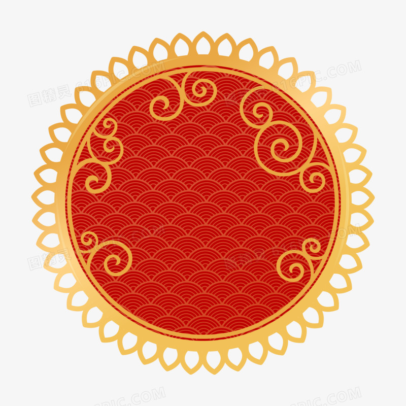 红底圆形中式花纹边框装饰矢量元素
