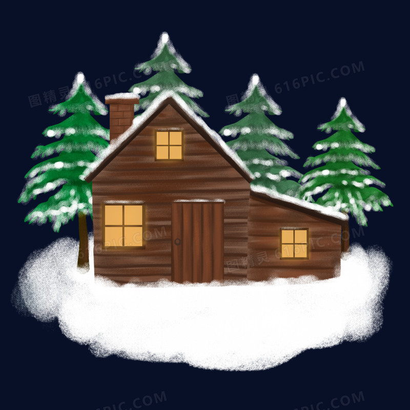 手绘雪地里的小木屋插画元素
