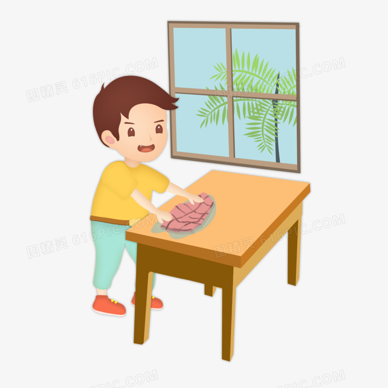 小男孩擦桌子做家务场景元素
