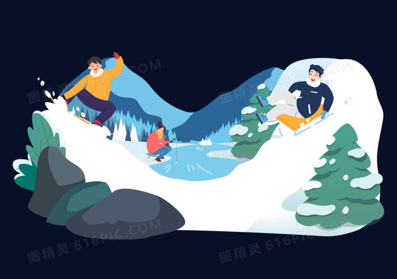 插画风年轻人在雪地滑雪玩耍场景元素