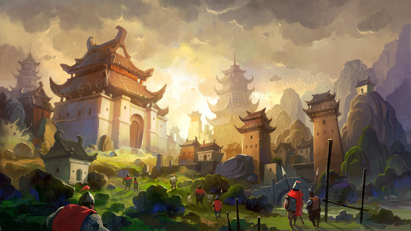 游戏场景环境渲染黄色光效城堡建筑