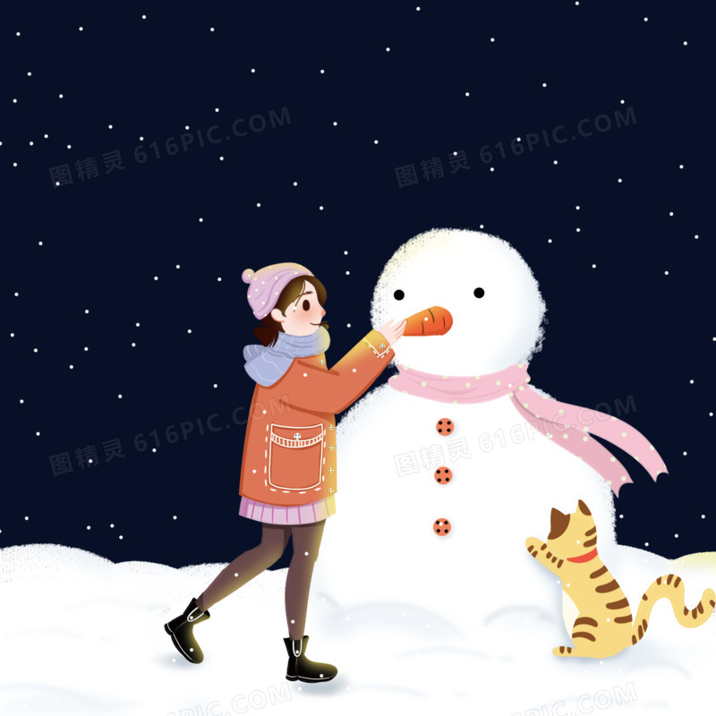 大雪天和小猫堆雪人创意插画风素材