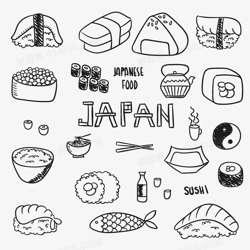 日本食物 美食  手绘 线条 矢量图