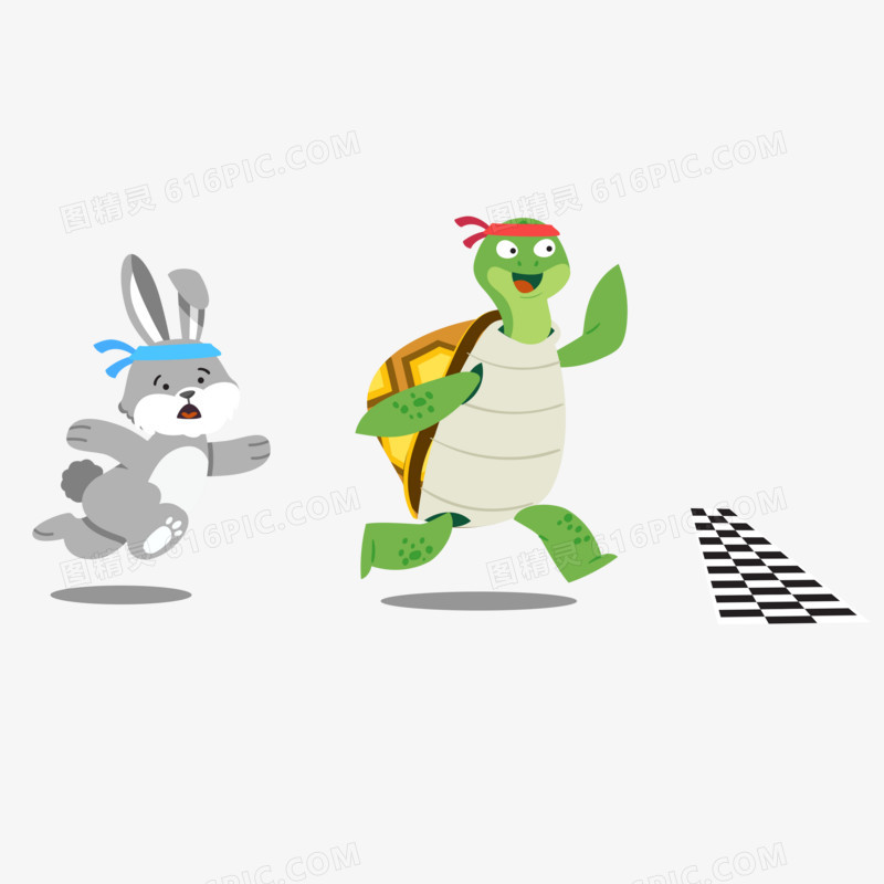 手绘卡通龟兔赛跑乌龟领先兔子落后
