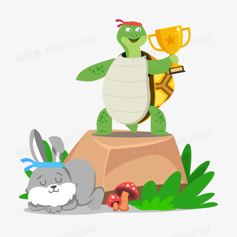 手绘卡通龟兔赛跑兔子睡觉乌龟夺冠