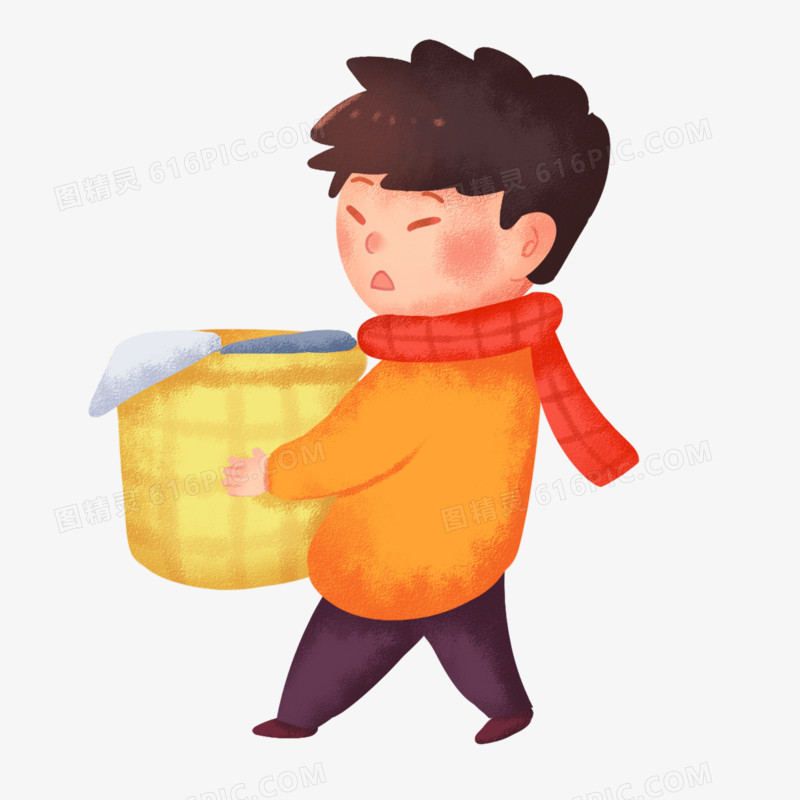 手绘插画小男孩抱着水桶免抠元素