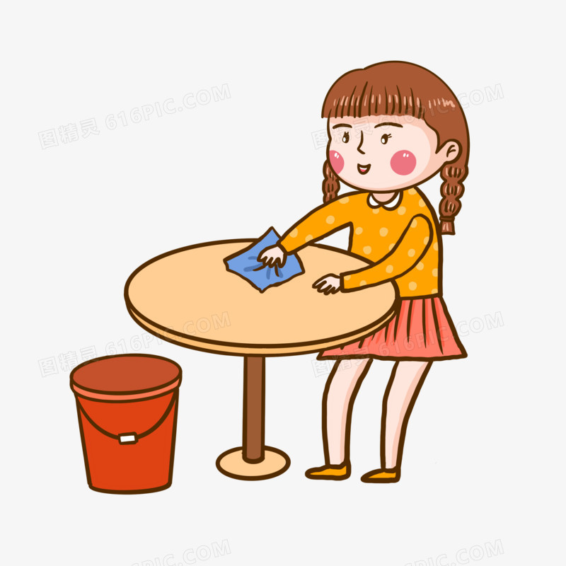 手绘卡通女孩擦桌子免抠元素
