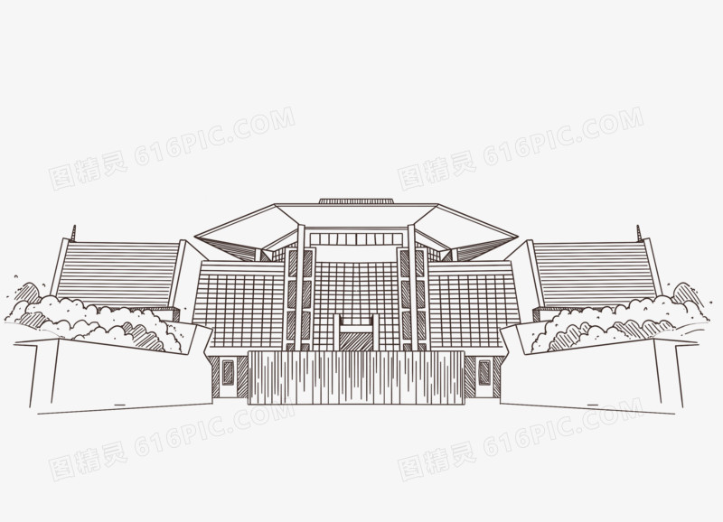 手绘线稿湖南省博物馆免抠元素