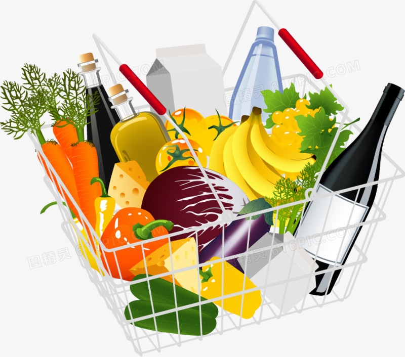 卡通手绘水果超市水果标志手绘蔬菜水果超市购物车水果蔬菜组合超市购