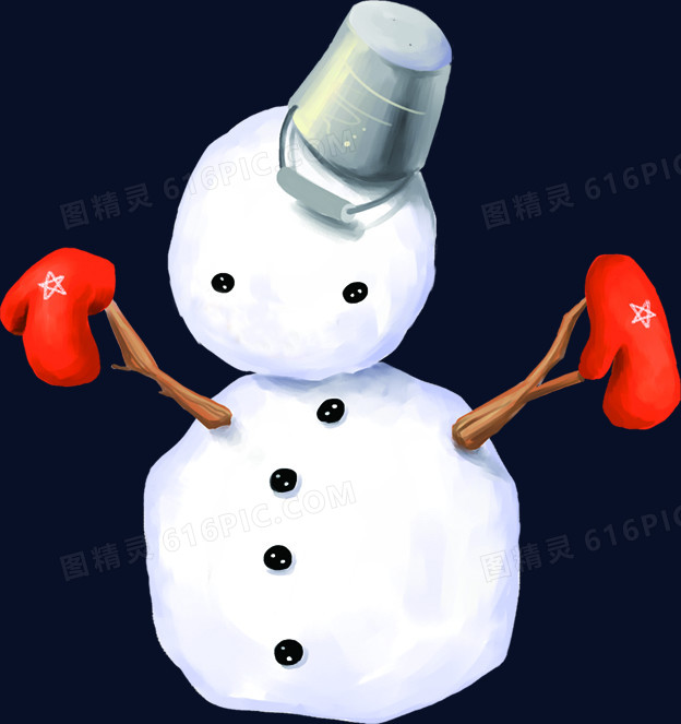 手绘冬季可爱戴铁帽子的雪人