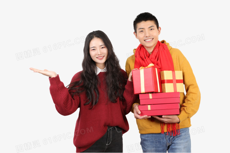 情侣新年拿着礼物盒实拍免抠元素