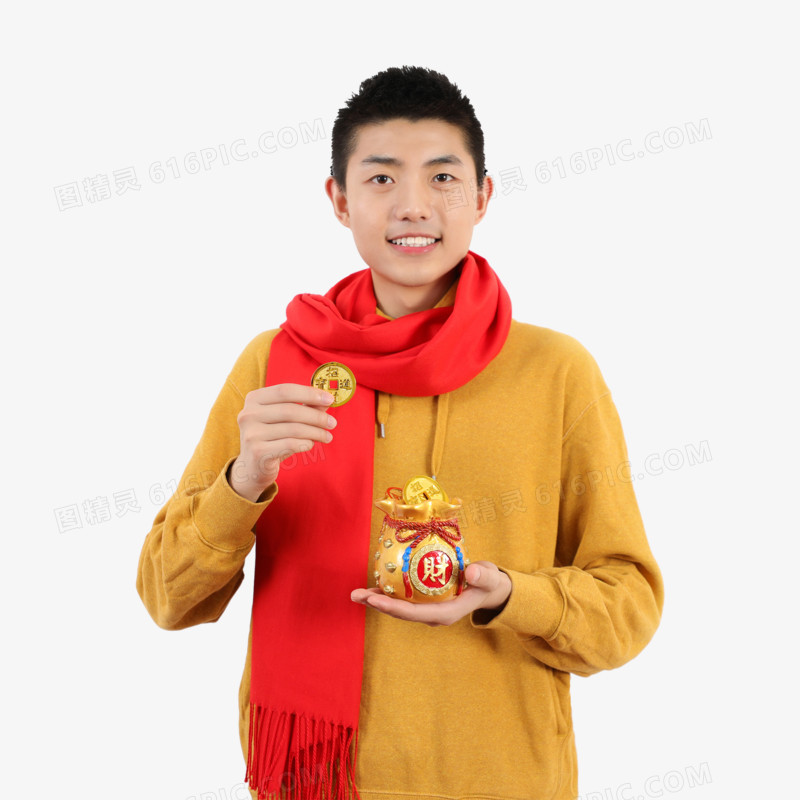 新年男生拿着金币恭祝发财实拍免抠元素