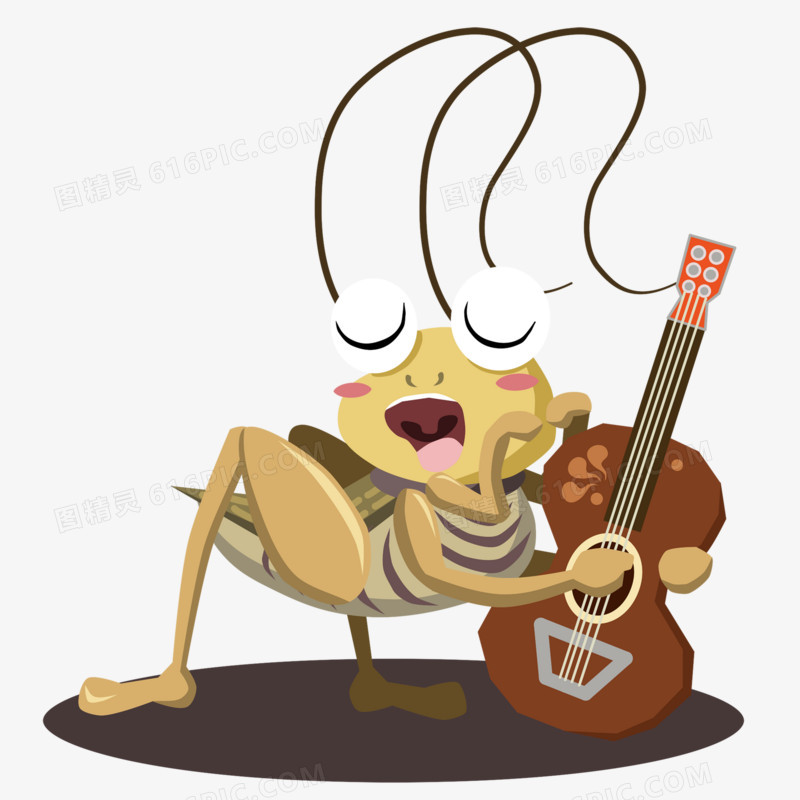 乐器吉他唱歌扁平画昆虫演奏矢量蟋蟀触角音乐创意免抠元素卡通弹吉他