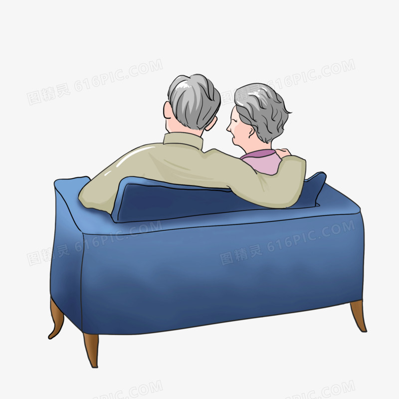手绘卡通老夫妇坐在沙发上背影元素
