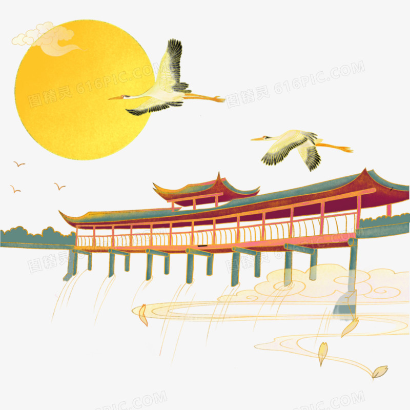 中国风国潮飞鸟建筑物元素