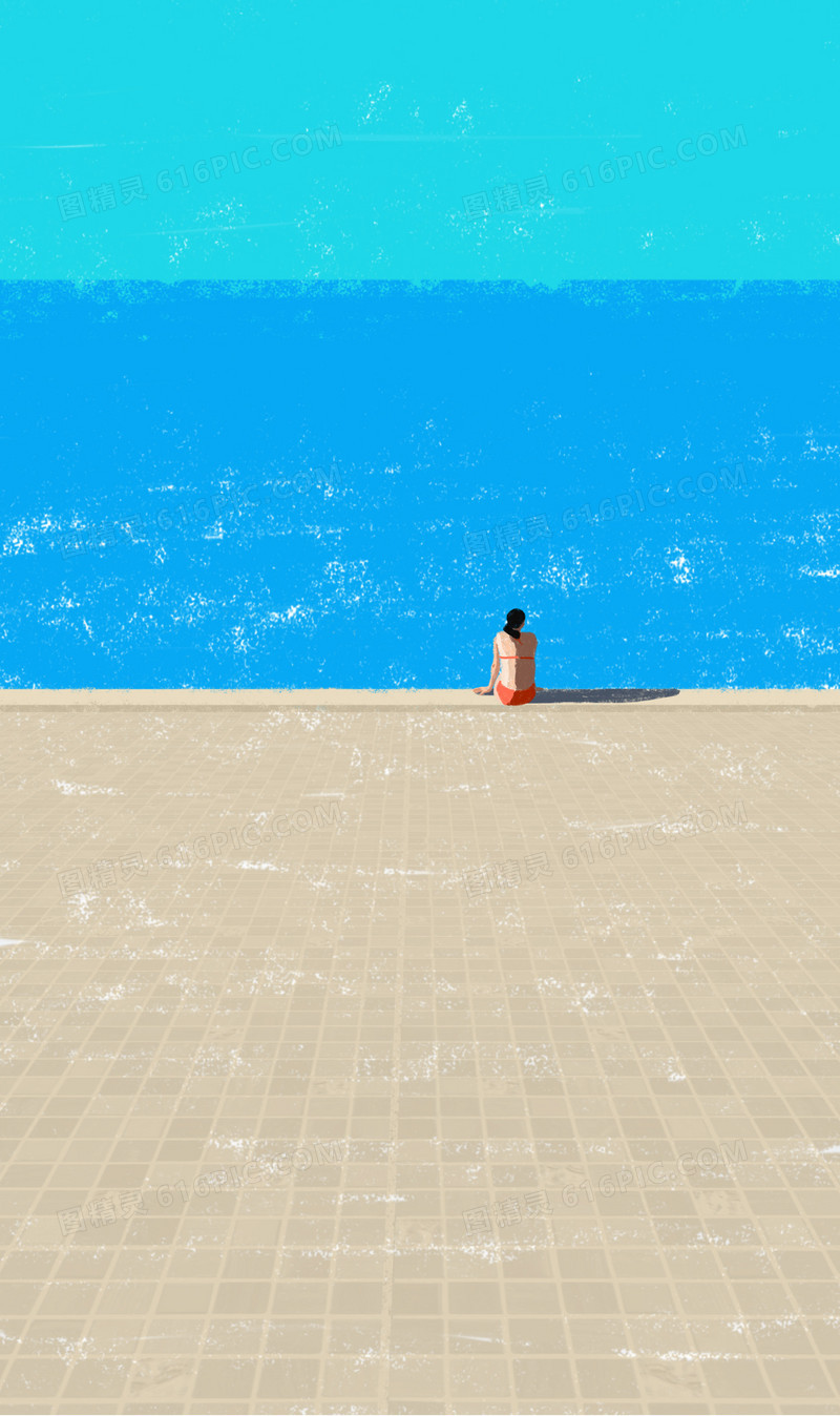 蜡笔海滩上的女人背影海报背景夏天