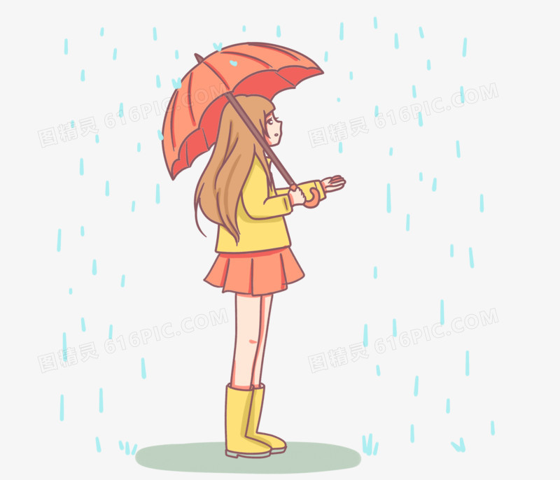手绘下雨雨季打伞女孩素材