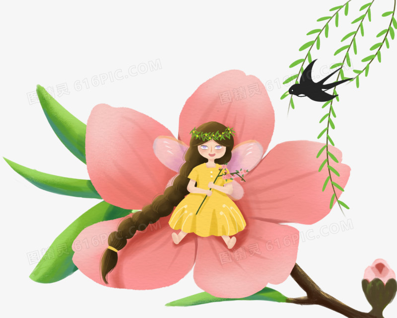 手绘插画风女孩躺在花瓣上创意插画元素