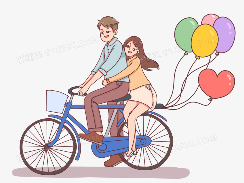 手绘甜蜜情侣约会骑单车场景素材