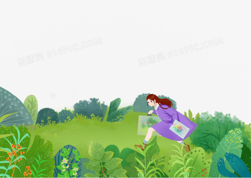 手绘插画风草地上奔跑的女孩免抠元素