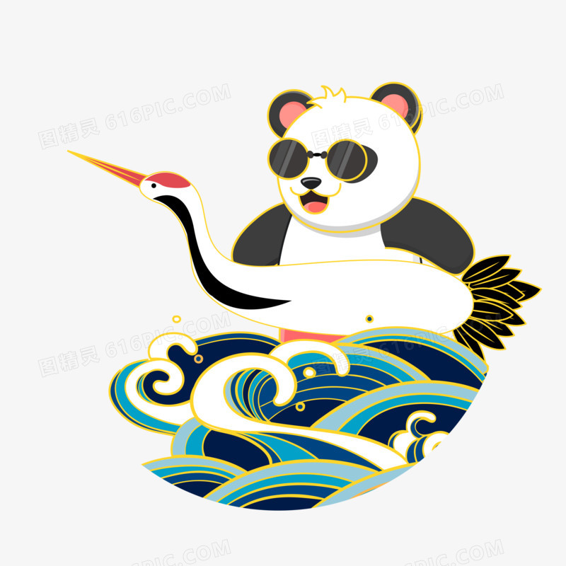 新中式国潮时尚熊猫手绘装饰元素
