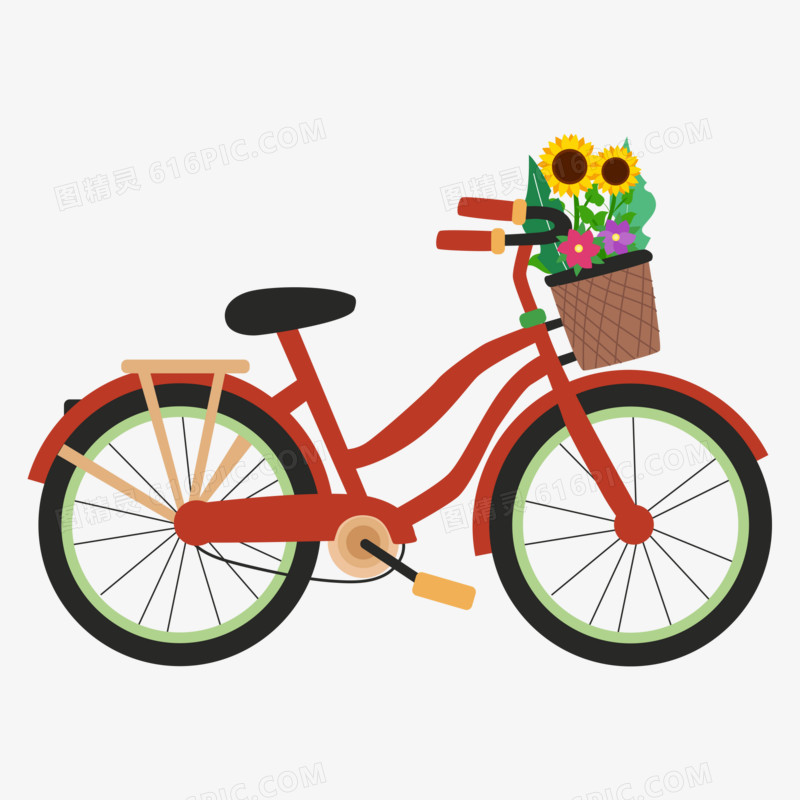 手绘扁平自行车里的向日葵免抠元素