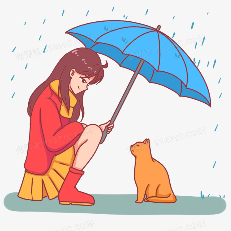 手绘雨季少女给猫咪撑伞场景素材