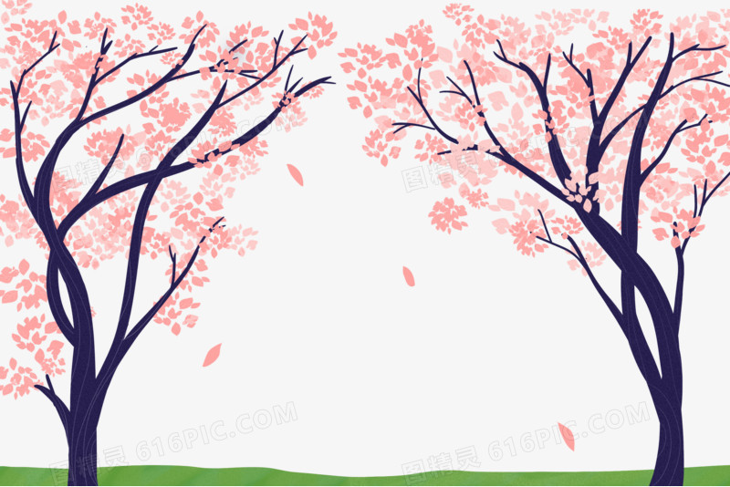 手绘樱花树免抠装饰元素