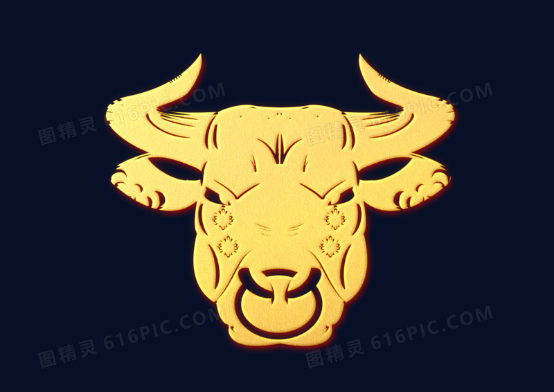 新年金色立体浮雕牛头装饰元素