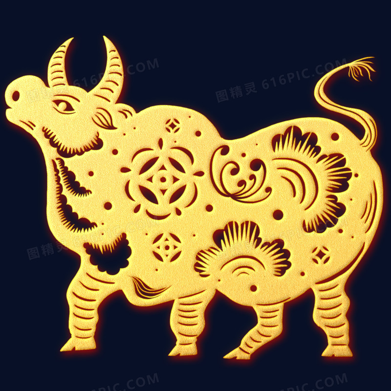 金色剪纸浮雕风新年福牛装饰元素