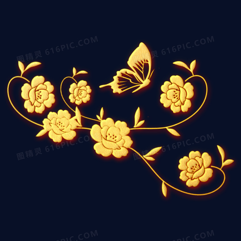 金色浮雕蝴蝶牡丹花纹装饰元素