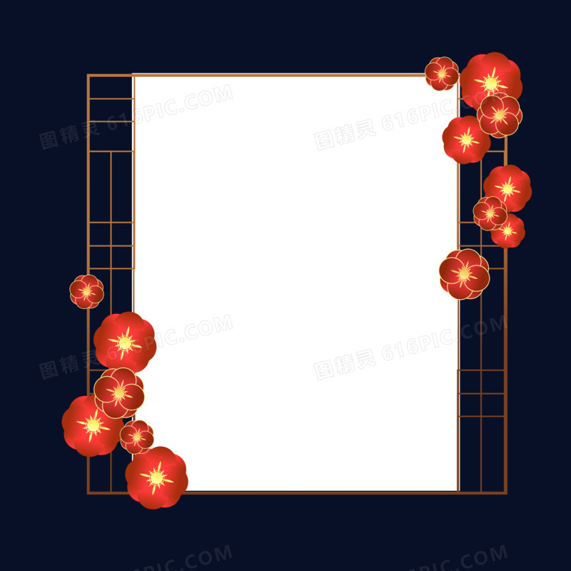 中国风复古窗框红色花朵边框元素