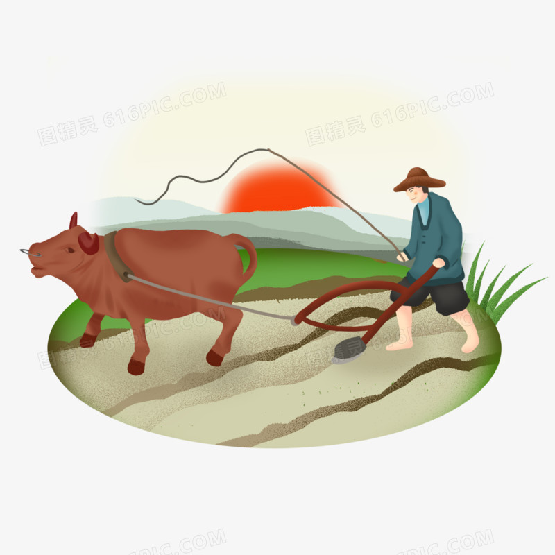手绘卡通春耕的农夫和牛免抠元素