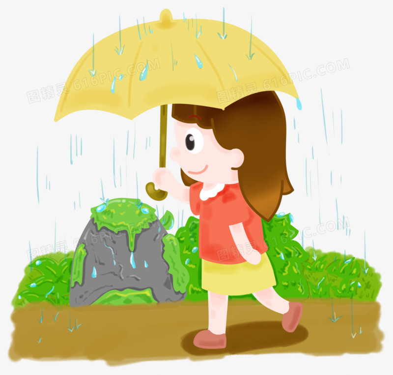 手绘卡通女孩雨天撑伞免抠元素