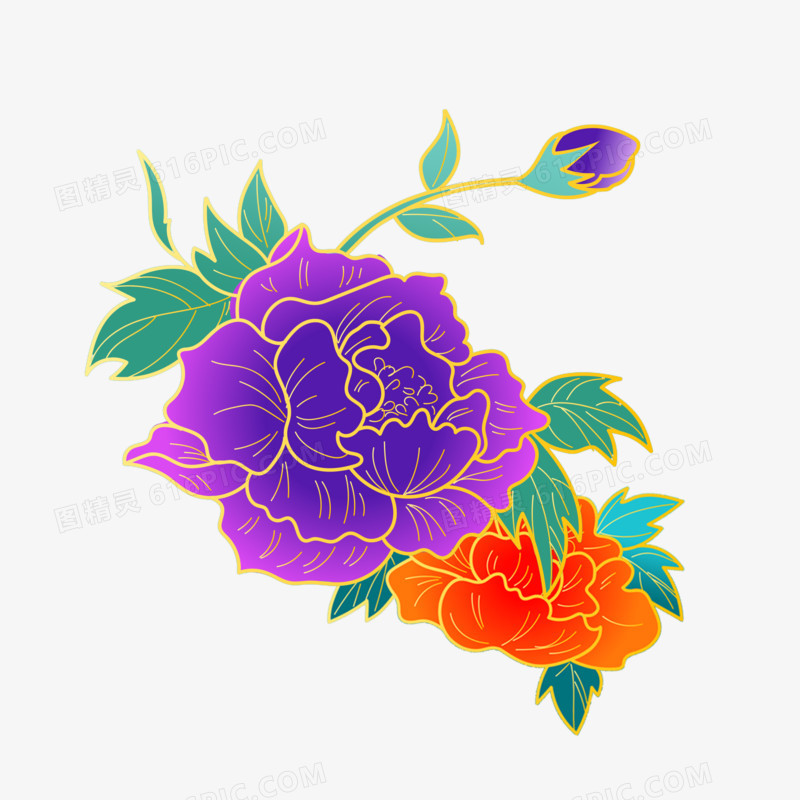 国风中国风国潮红紫色牡丹装饰元素